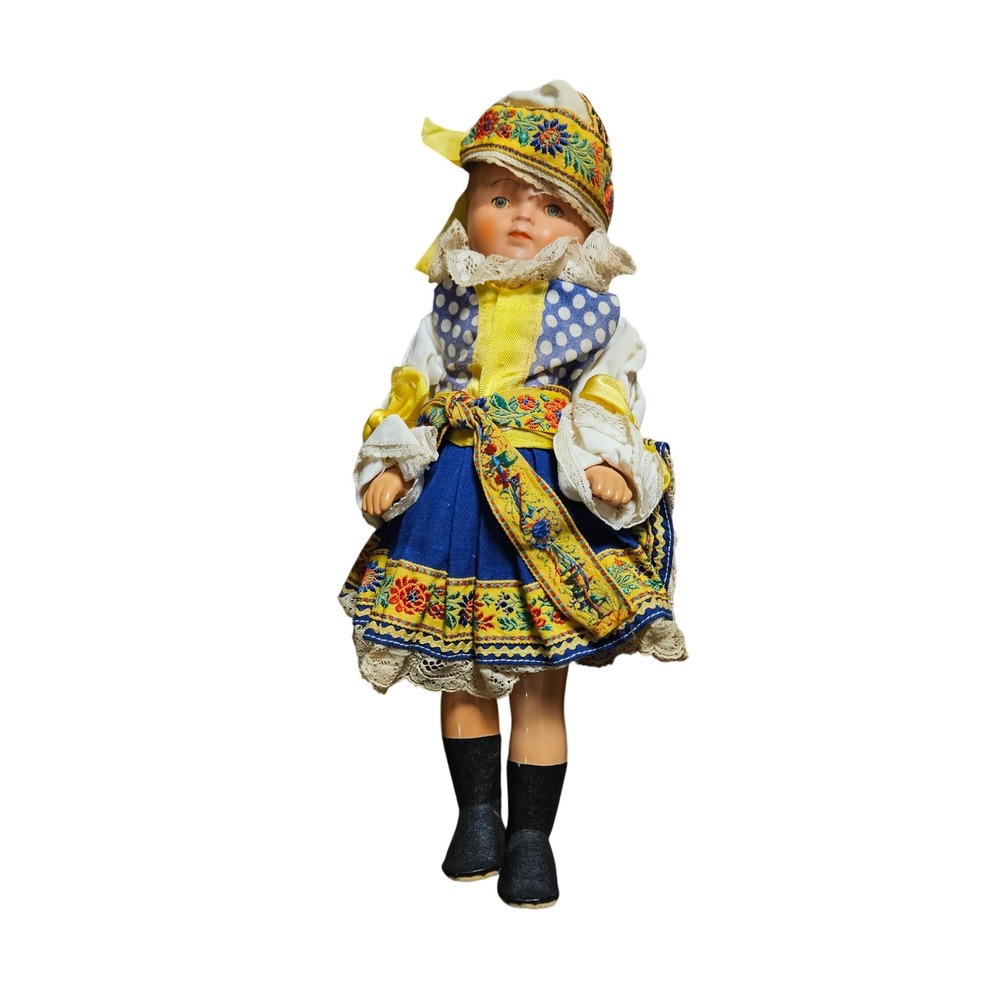 Vintage Czech Folk Art Doll Hard Plastic Floral‎ Embroidery Traditional Costume